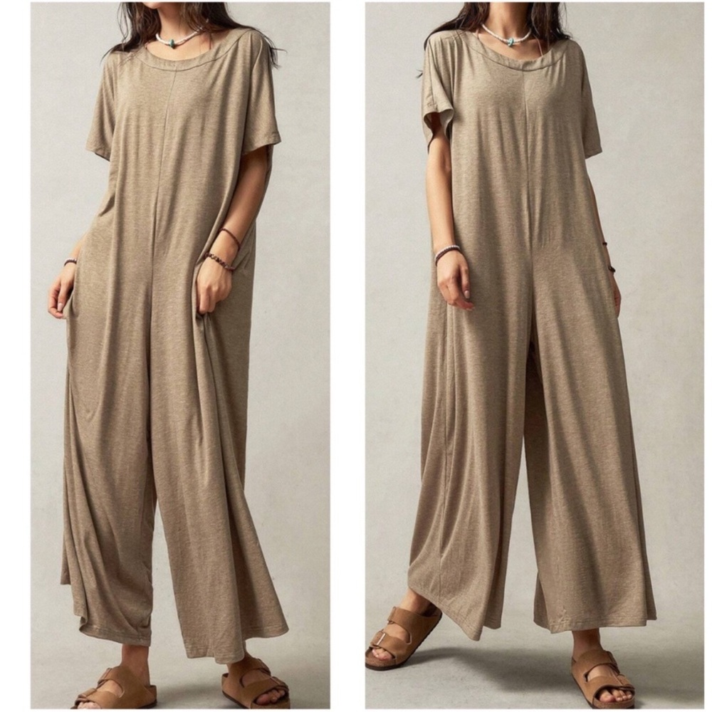 Solid Round Neck Short Sleeve Wide Leg Jumpsuit XS S M L